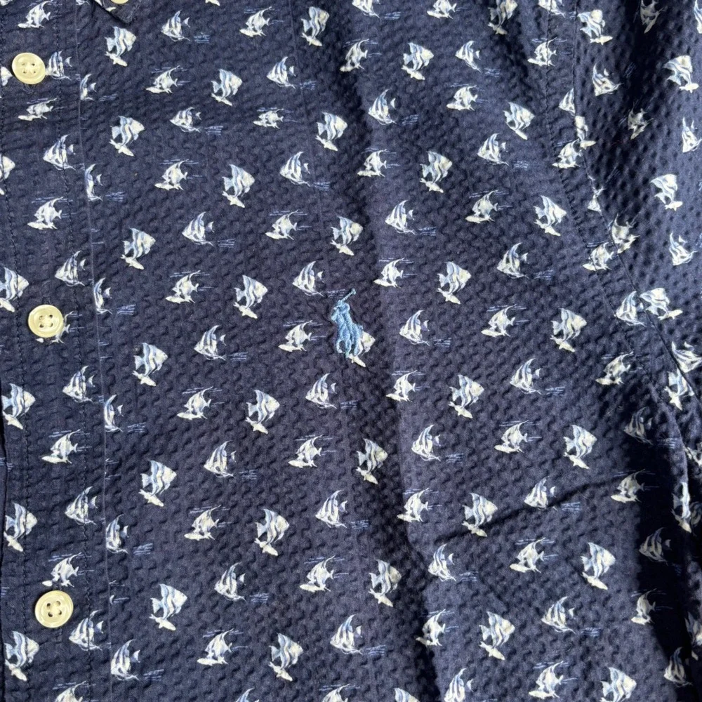 Ralph Lauren Button Down Kids XL 18-20 Navy Seersucker‎ Fish Print Shirt